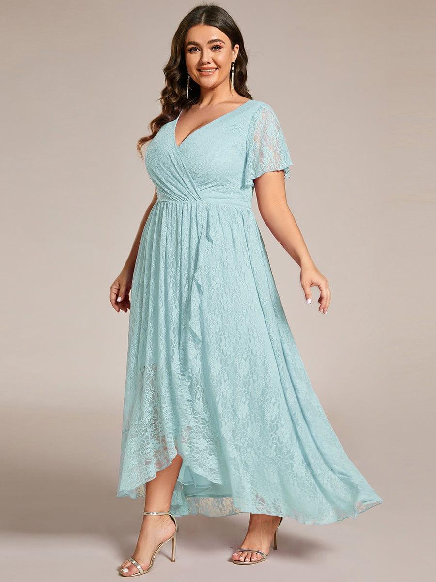 V-Neck Short Sleeve Pleated Ruffled Lace Wedding Guest Dress #Color_Sky Blue