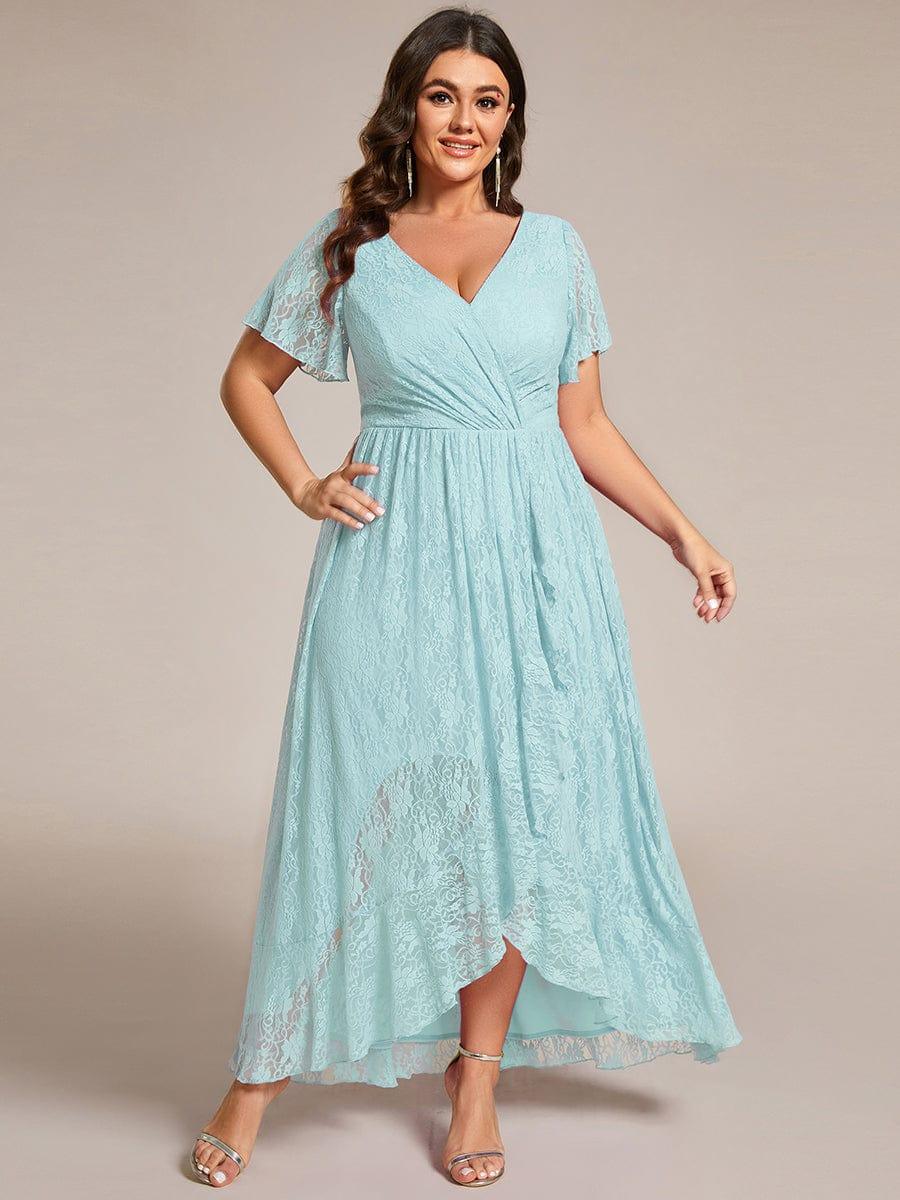 V-Neck Short Sleeve Pleated Ruffled Lace Wedding Guest Dress #Color_Sky Blue