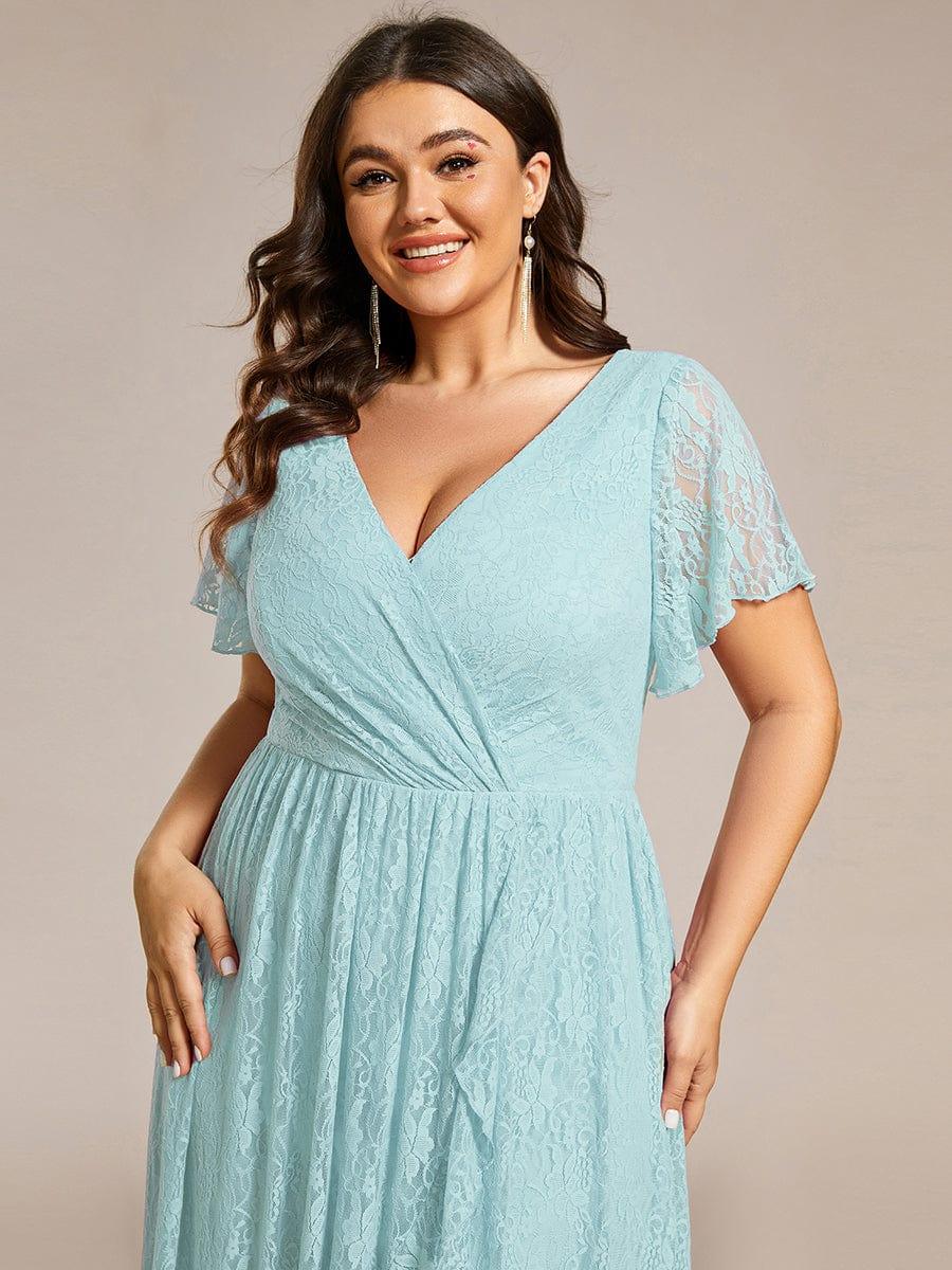 V-Neck Short Sleeve Pleated Ruffled Lace Wedding Guest Dress #Color_Sky Blue