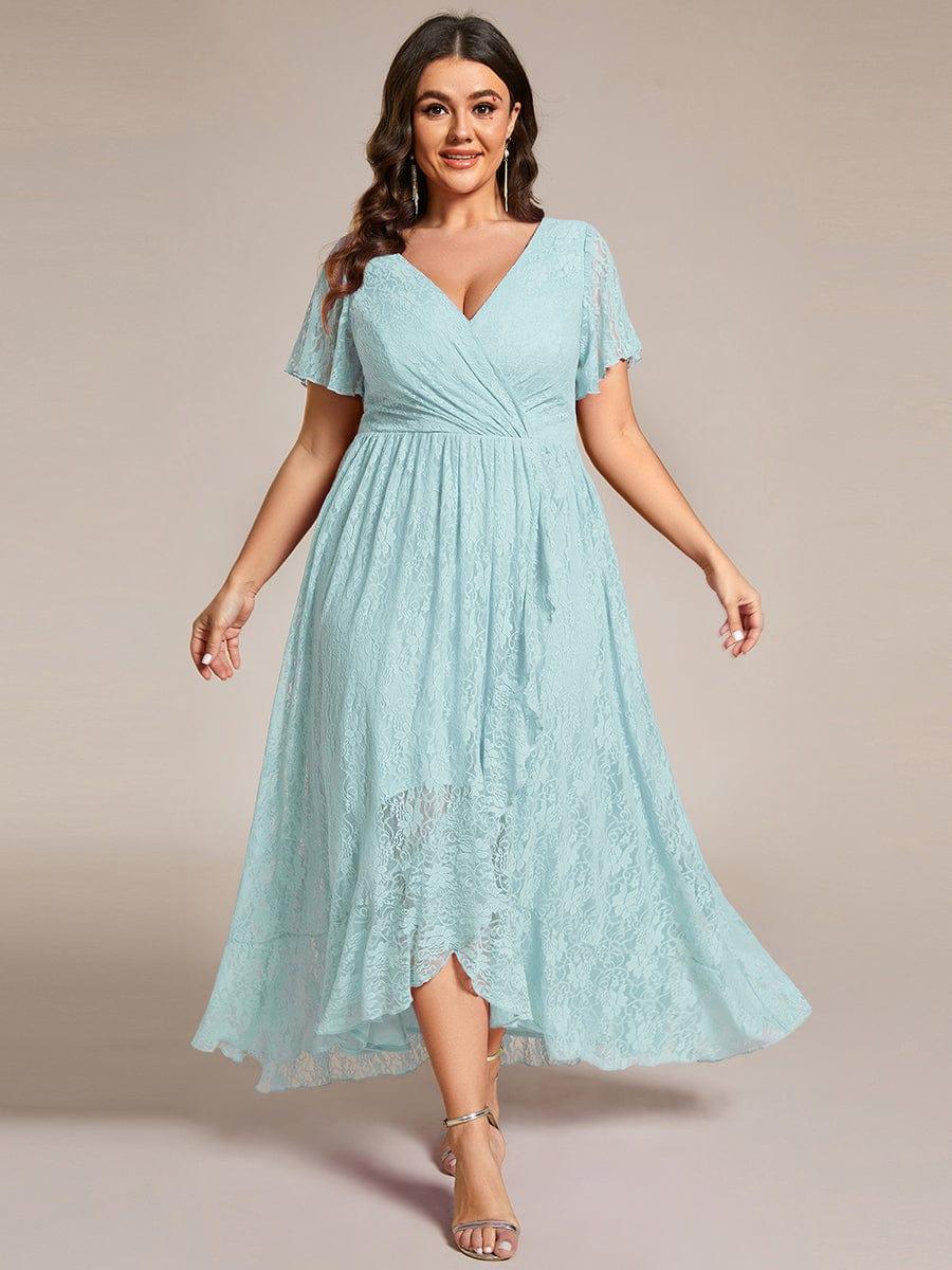 V-Neck Short Sleeve Pleated Ruffled Lace Wedding Guest Dress #Color_Sky Blue