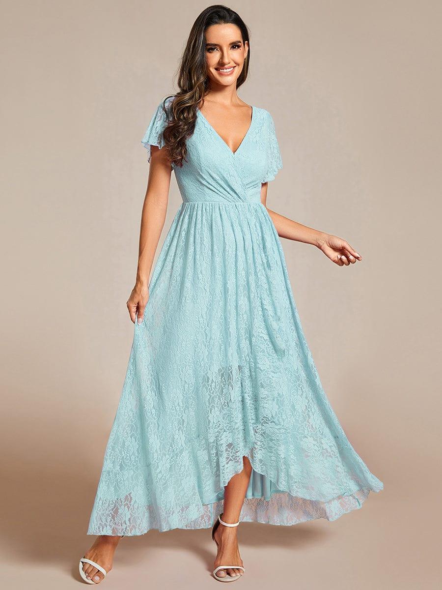 V-Neck Short Sleeve Pleated Ruffled Lace Wedding Guest Dress #Color_Sky Blue