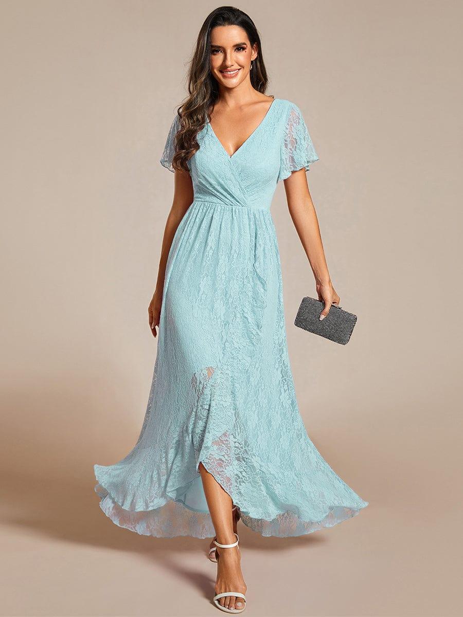 V-Neck Short Sleeve Pleated Ruffled Lace Wedding Guest Dress #Color_Sky Blue