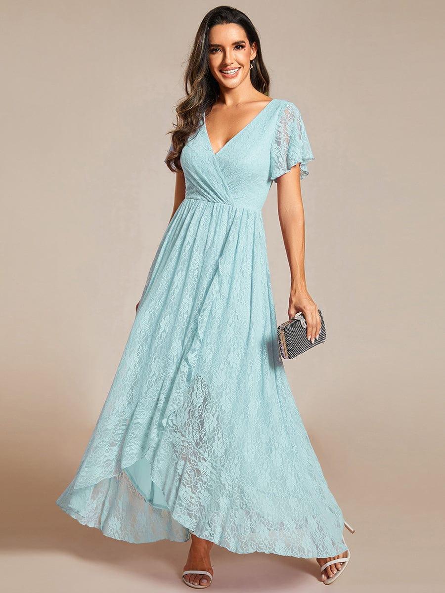 V-Neck Short Sleeve Pleated Ruffled Lace Wedding Guest Dress #Color_Sky Blue