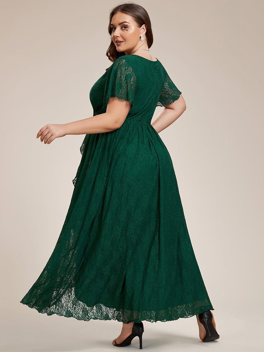 V-Neck Short Sleeve Pleated Ruffled Lace Wedding Guest Dress #Color_Dark Green