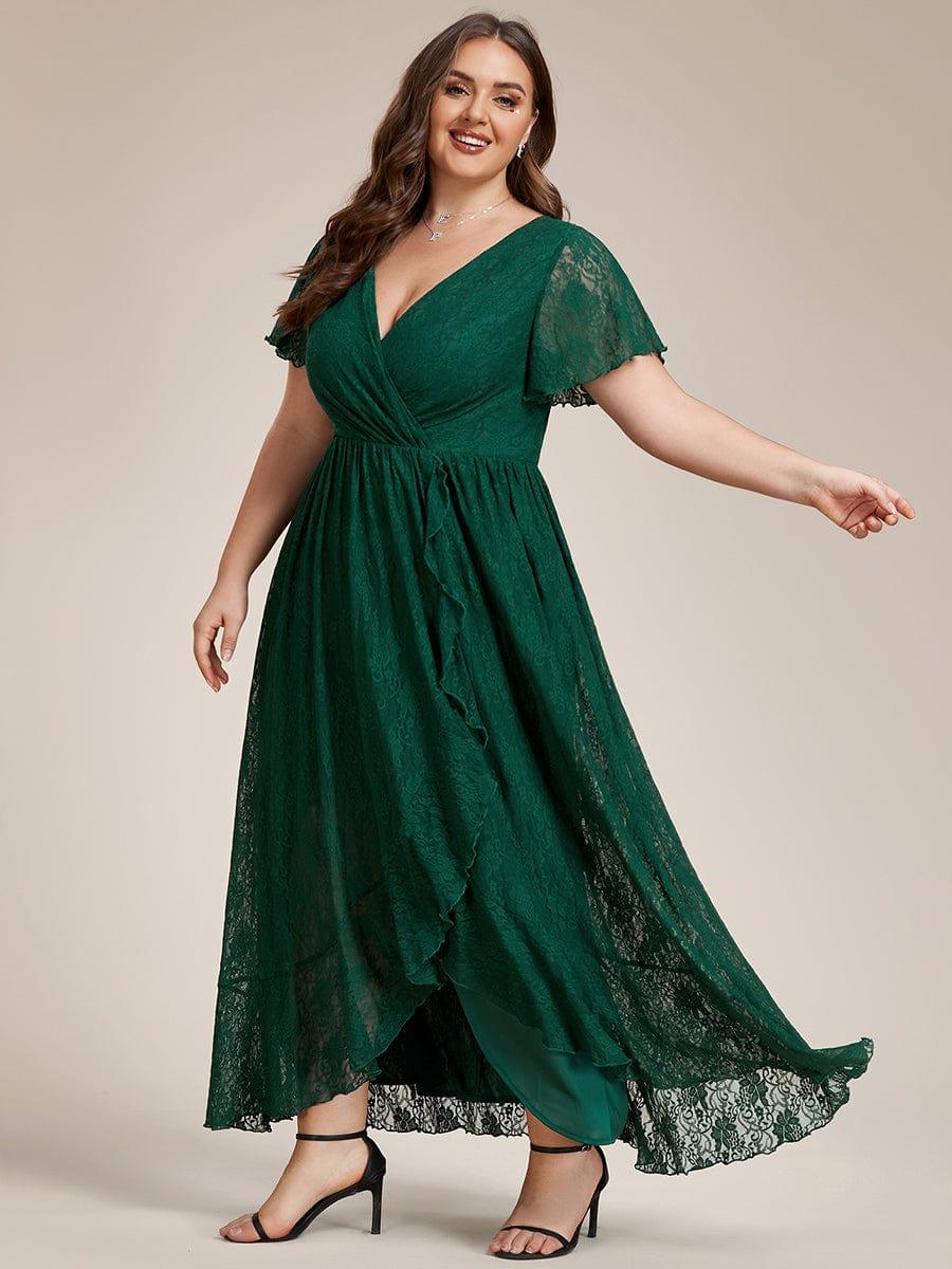 V-Neck Short Sleeve Pleated Ruffled Lace Wedding Guest Dress #Color_Dark Green