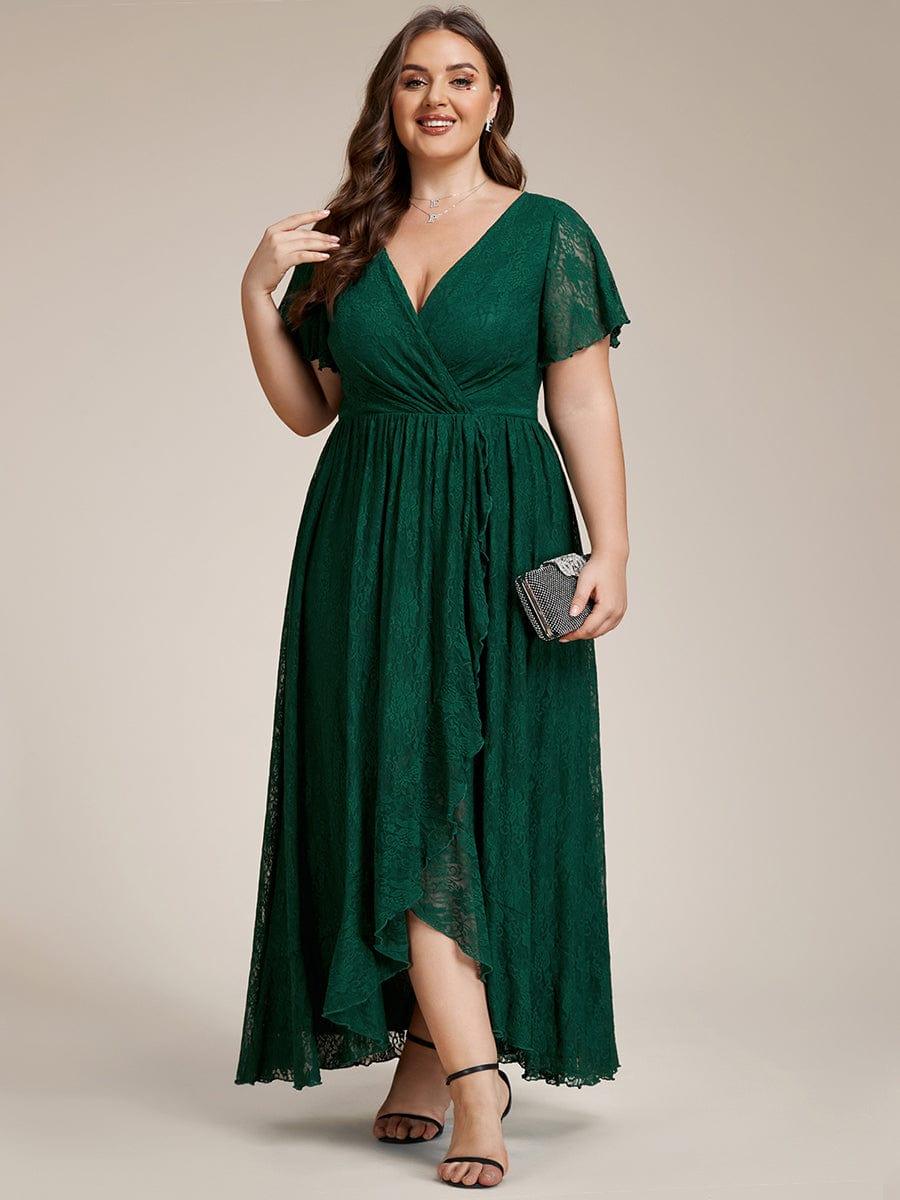 V-Neck Short Sleeve Pleated Ruffled Lace Wedding Guest Dress #Color_Dark Green