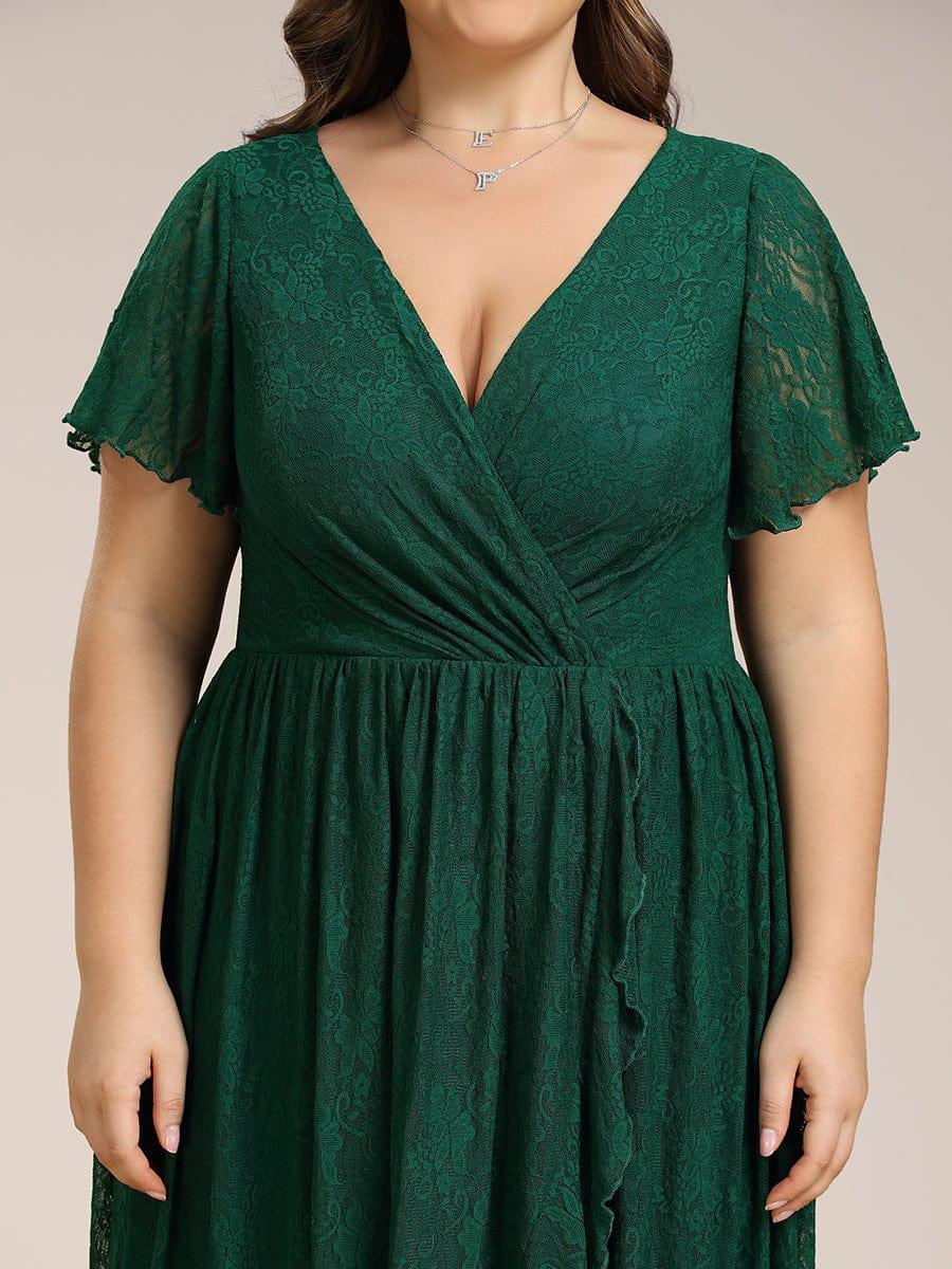 V-Neck Short Sleeve Pleated Ruffled Lace Wedding Guest Dress #Color_Dark Green