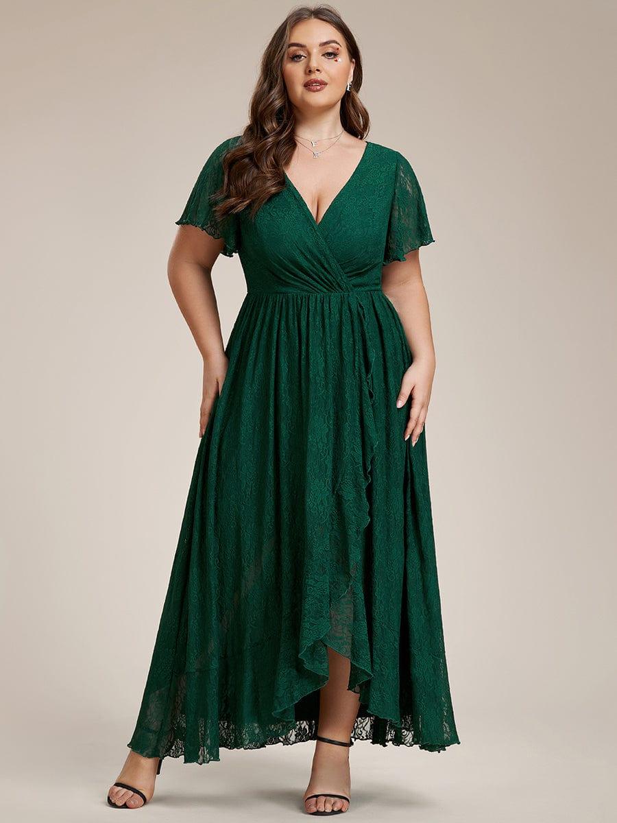 V-Neck Short Sleeve Pleated Ruffled Lace Wedding Guest Dress #Color_Dark Green