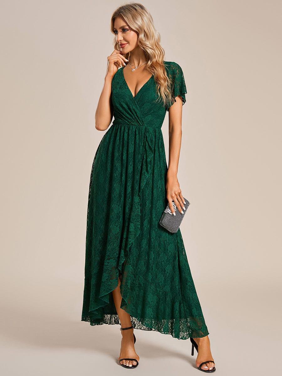 V-Neck Short Sleeve Pleated Ruffled Lace Wedding Guest Dress #Color_Dark Green