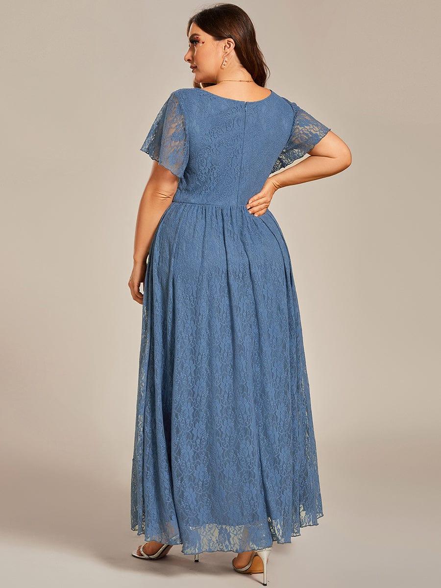 V-Neck Short Sleeve Pleated Ruffled Lace Wedding Guest Dress #color_Dusty Blue