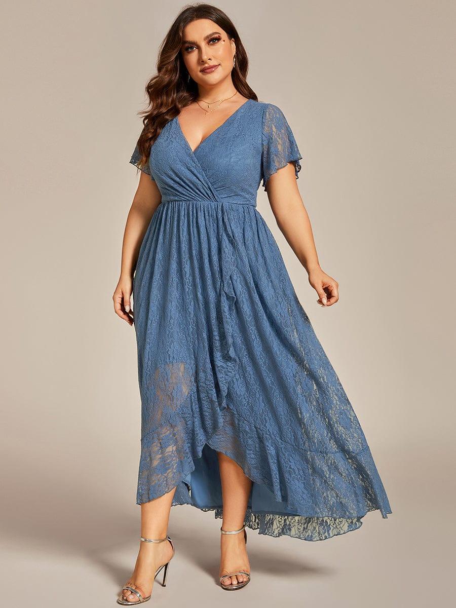 V-Neck Short Sleeve Pleated Ruffled Lace Wedding Guest Dress #color_Dusty Blue