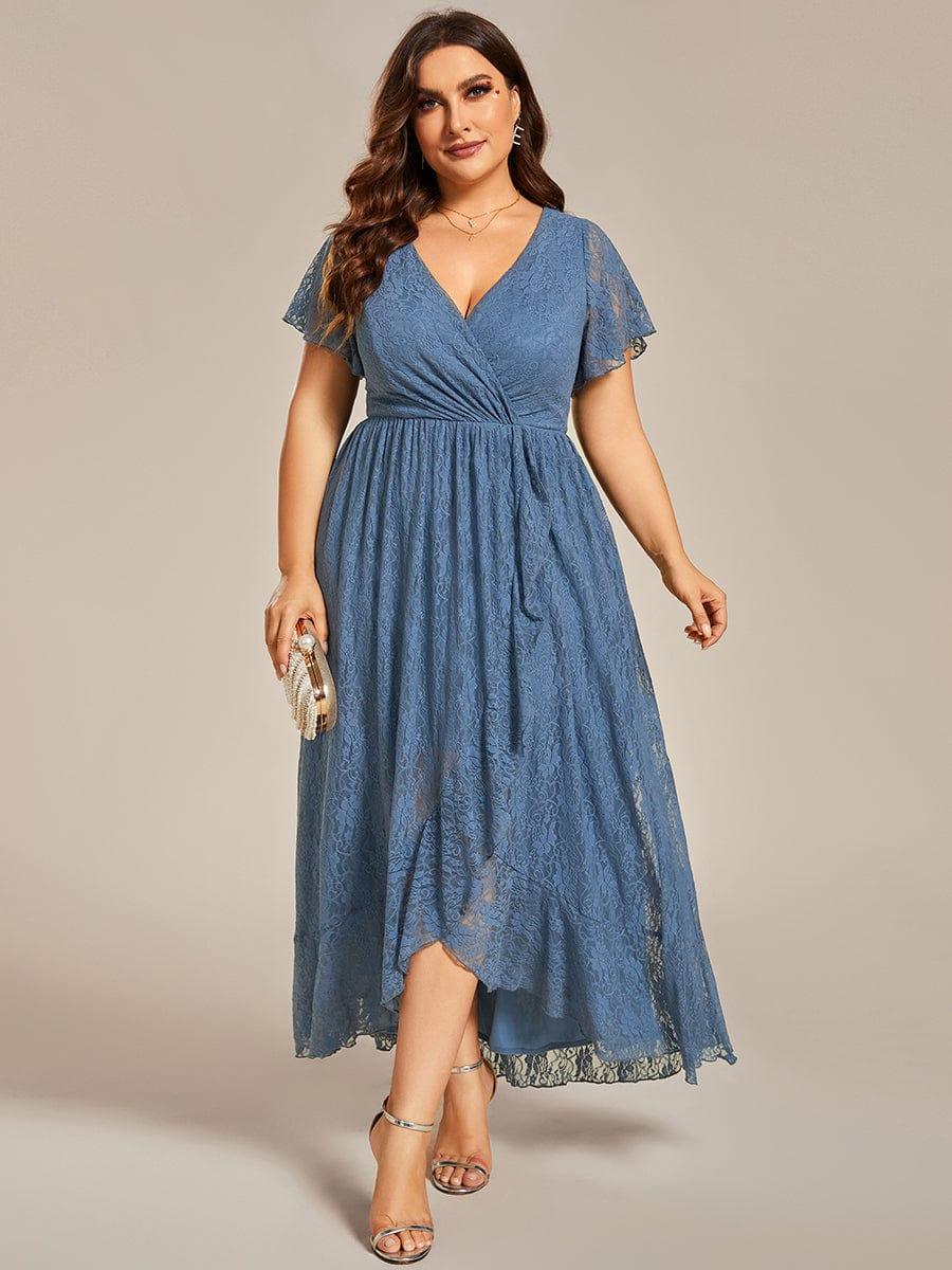 V-Neck Short Sleeve Pleated Ruffled Lace Wedding Guest Dress #color_Dusty Blue