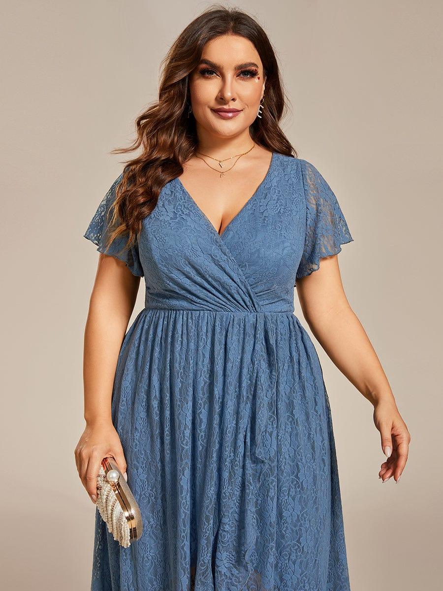 V-Neck Short Sleeve Pleated Ruffled Lace Wedding Guest Dress #color_Dusty Blue