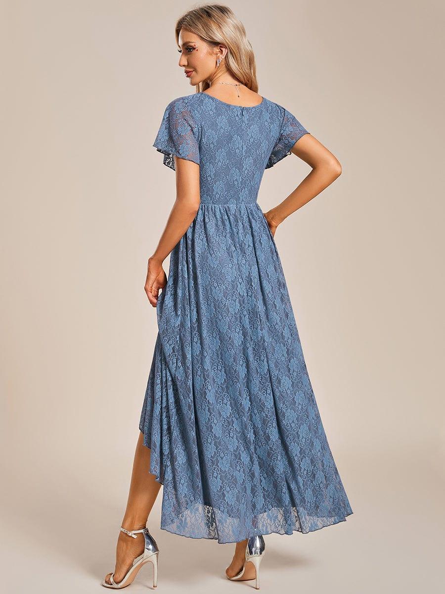 V-Neck Short Sleeve Pleated Ruffled Lace Wedding Guest Dress #color_Dusty Blue