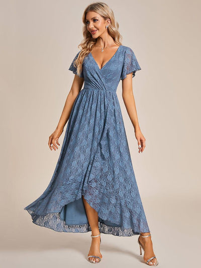 V-Neck Short Sleeve Pleated Ruffled Lace Wedding Guest Dress #color_Dusty Blue