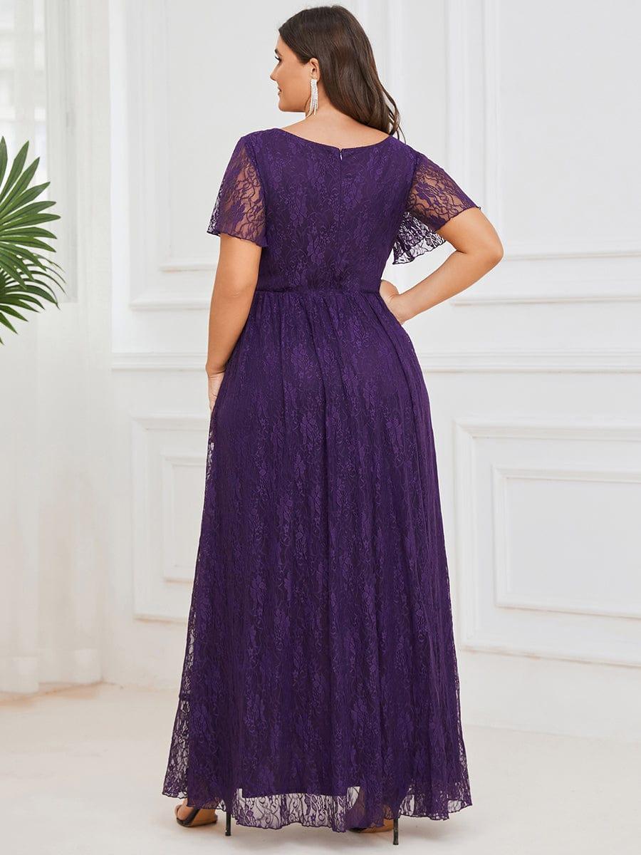 V-Neck Short Sleeve Pleated Ruffled Lace Wedding Guest Dress #Color_Dark Purple