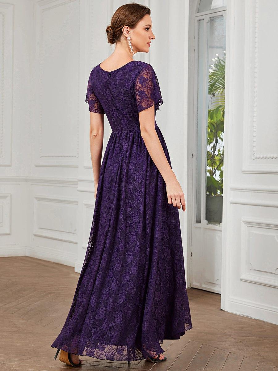 V-Neck Short Sleeve Pleated Ruffled Lace Wedding Guest Dress #Color_Dark Purple