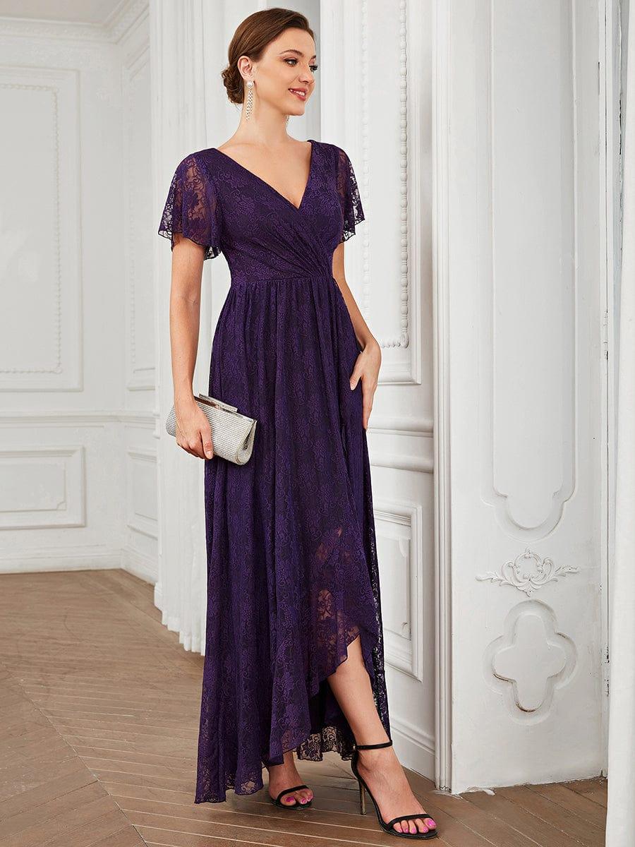 V-Neck Short Sleeve Pleated Ruffled Lace Wedding Guest Dress #Color_Dark Purple