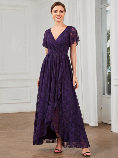 V-Neck Short Sleeve Pleated Ruffled Lace Wedding Guest Dress #Color_Dark Purple