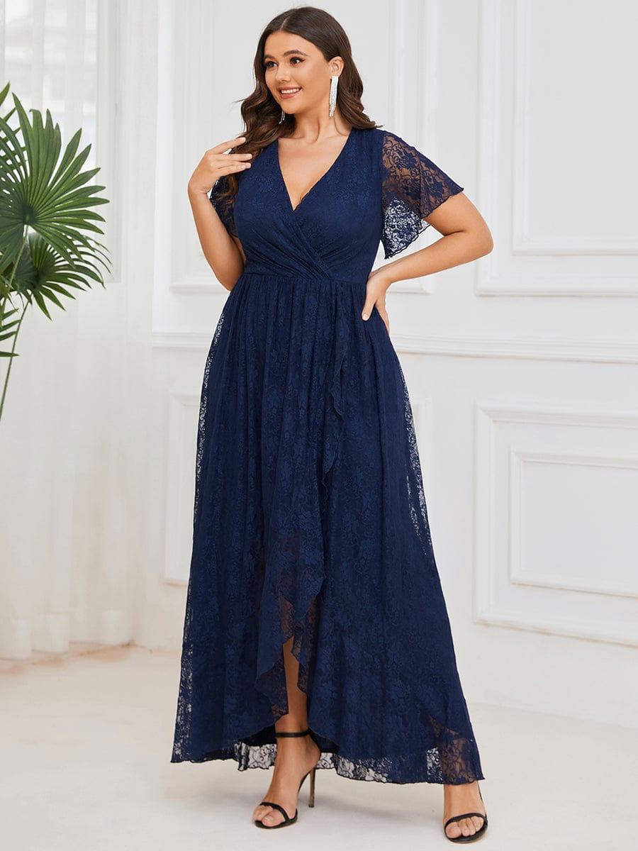 V-Neck Short Sleeve Pleated Ruffled Lace Wedding Guest Dress #Color_Navy Blue