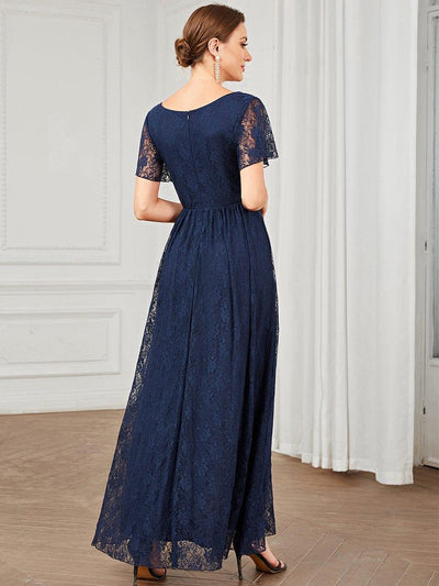 V-Neck Short Sleeve Pleated Ruffled Lace Wedding Guest Dress #Color_Navy Blue
