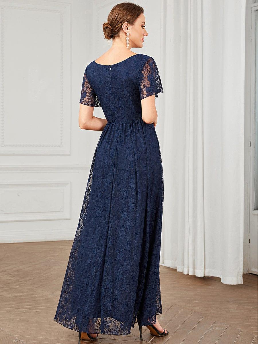 V-Neck Short Sleeve Pleated Ruffled Lace Wedding Guest Dress #Color_Navy Blue