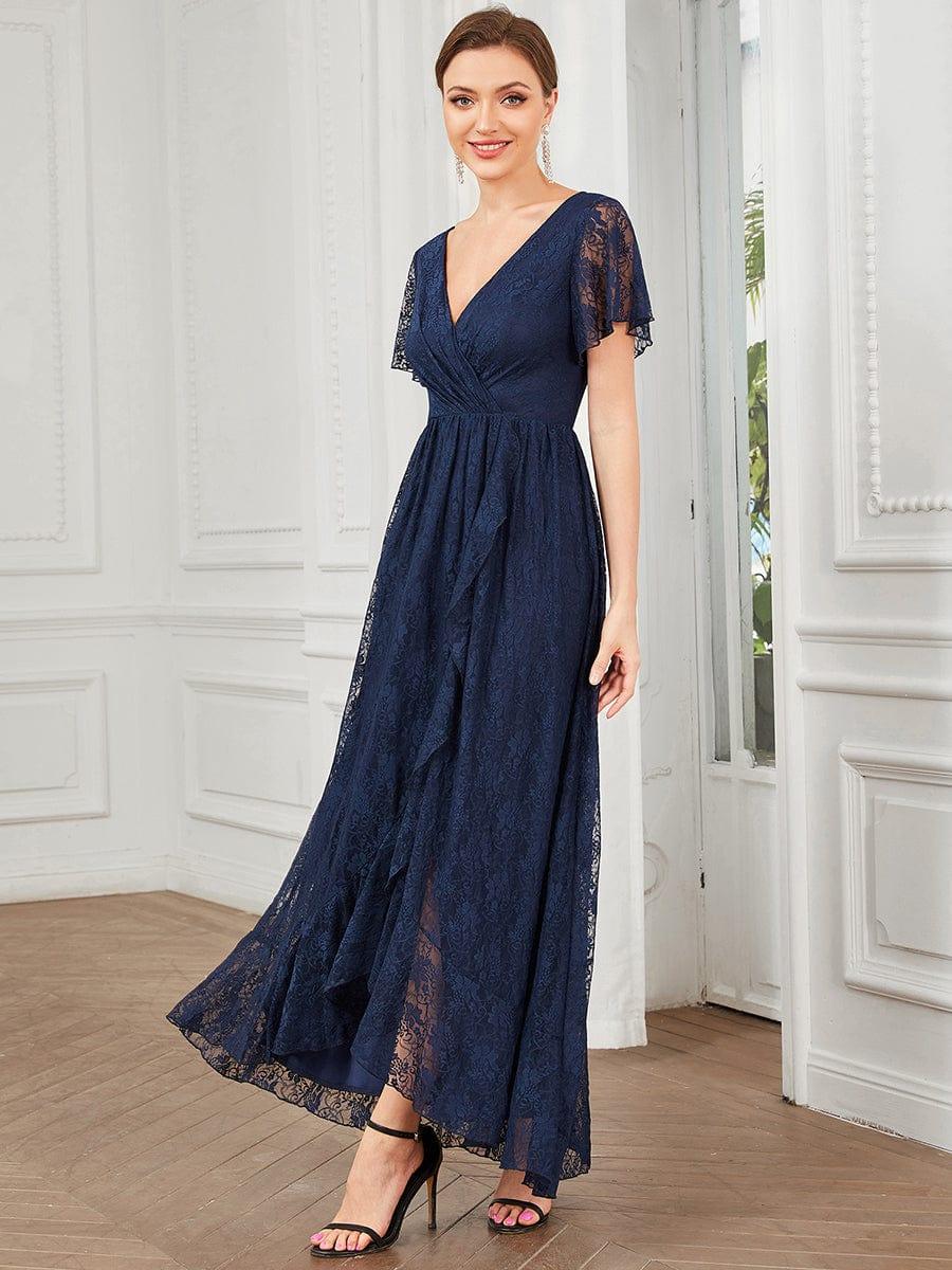 V-Neck Short Sleeve Pleated Ruffled Lace Wedding Guest Dress #Color_Navy Blue