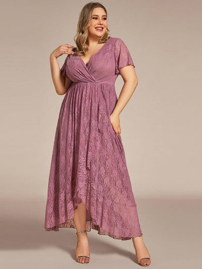 pretty ELISE|Plus Size V-Neck Short Sleeve Pleated Ruffled Lace Evening Dress