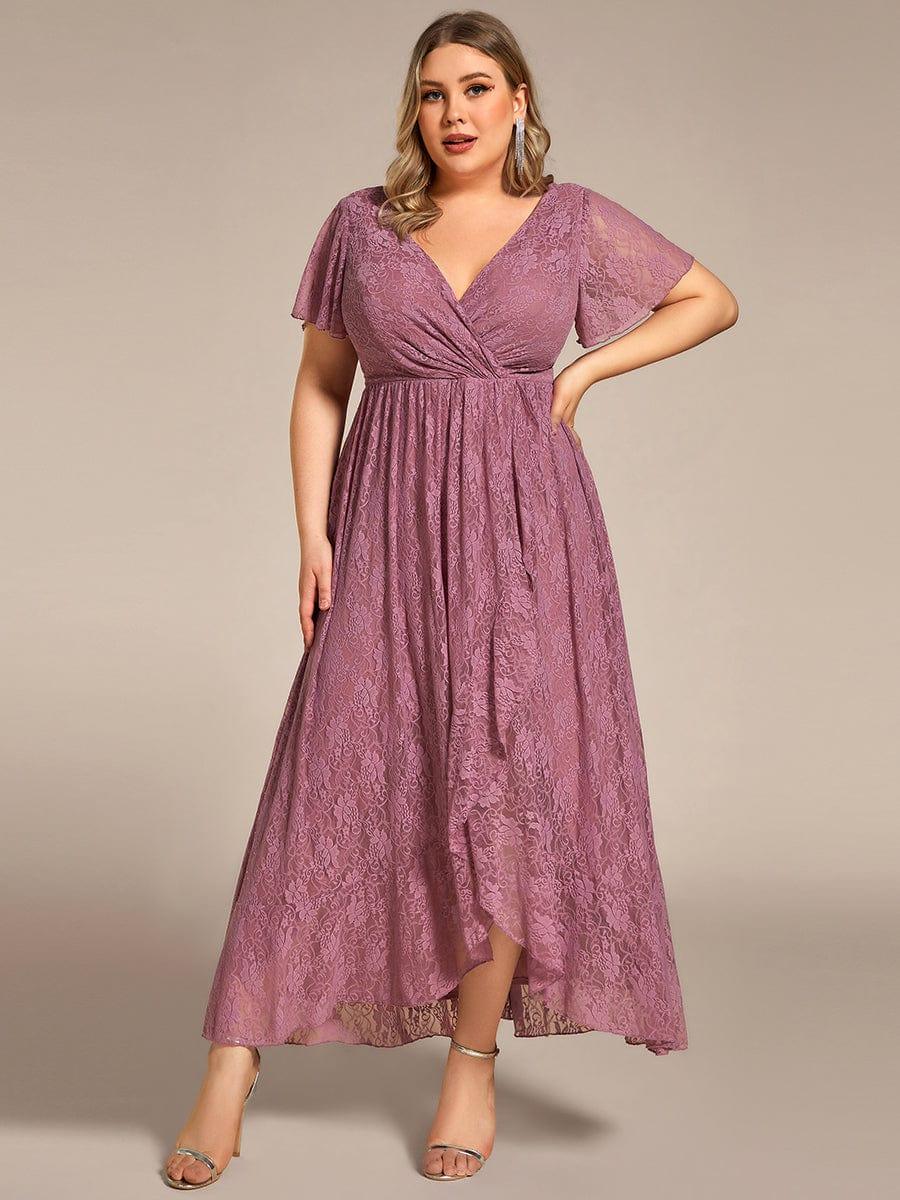 V-Neck Short Sleeve Pleated Ruffled Lace Wedding Guest Dress #Color_Purple Orchid