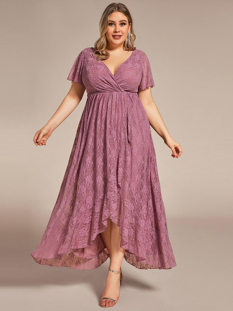 V-Neck Short Sleeve Pleated Ruffled Lace Wedding Guest Dress #Color_Purple Orchid