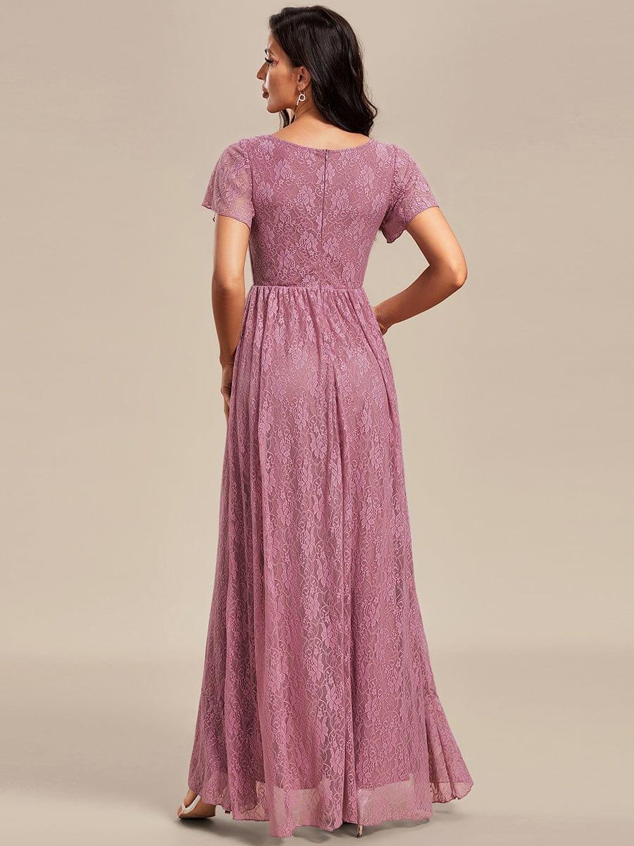 V-Neck Short Sleeve Pleated Ruffled Lace Wedding Guest Dress #Color_Purple Orchid