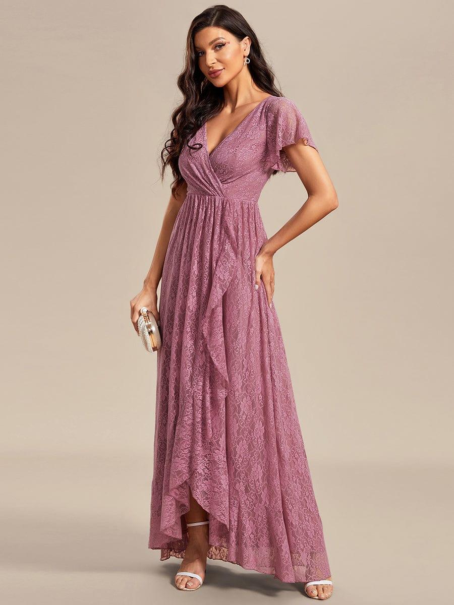 V-Neck Short Sleeve Pleated Ruffled Lace Wedding Guest Dress #Color_Purple Orchid