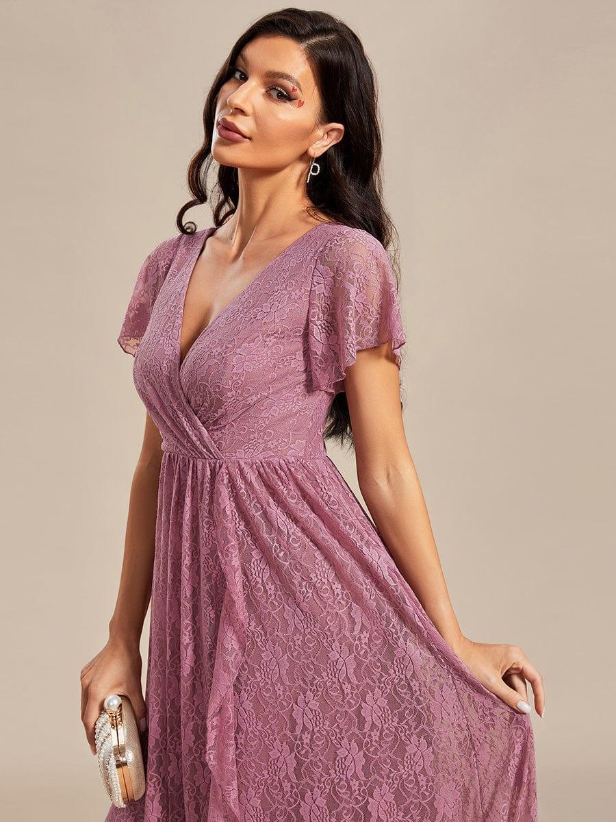 V-Neck Short Sleeve Pleated Ruffled Lace Wedding Guest Dress #Color_Purple Orchid