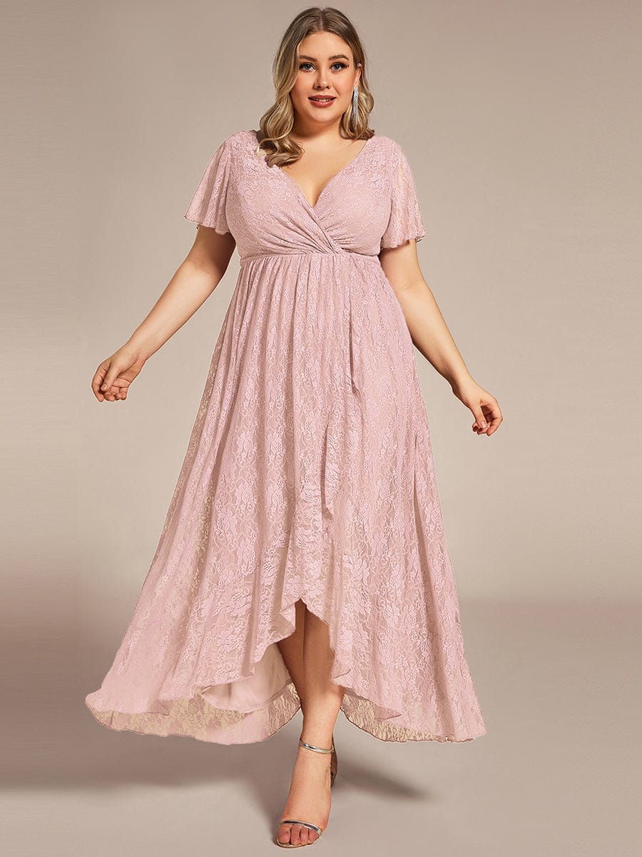 Plus size V-Neck Short Sleeve Pleated Ruffled Lace Evening Dress #Color_Pink