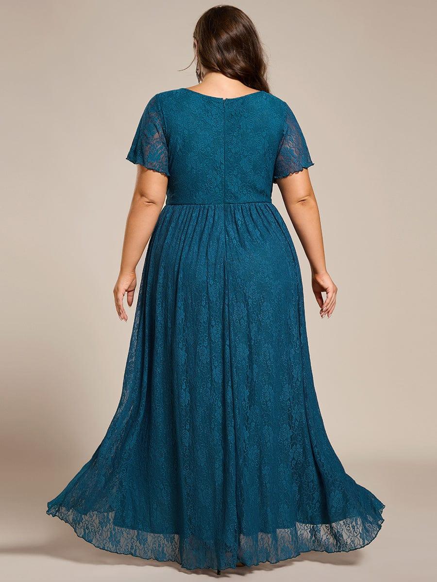 V-Neck Short Sleeve Pleated Ruffled Lace Wedding Guest Dress #Color_Teal