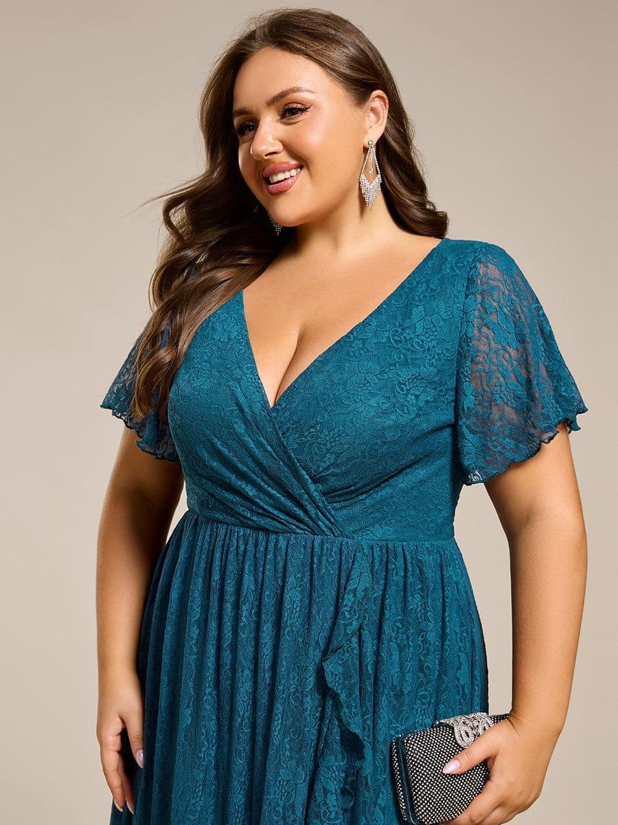 V-Neck Short Sleeve Pleated Ruffled Lace Wedding Guest Dress #Color_Teal