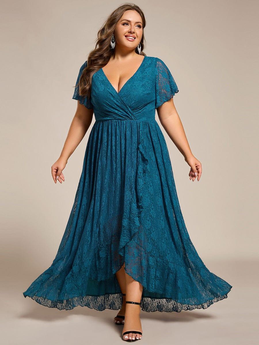 V-Neck Short Sleeve Pleated Ruffled Lace Wedding Guest Dress #Color_Teal