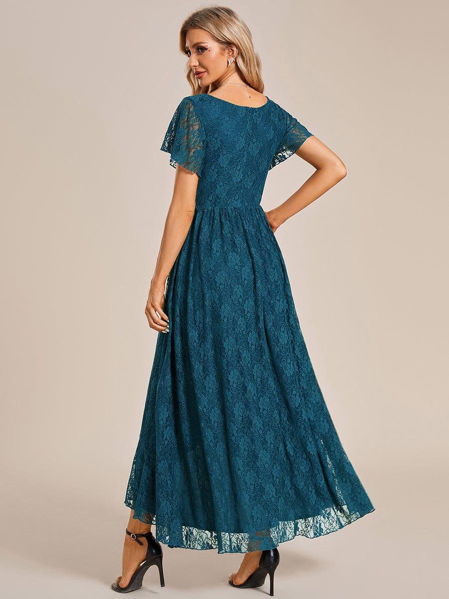 V-Neck Short Sleeve Pleated Ruffled Lace Wedding Guest Dress #Color_Teal