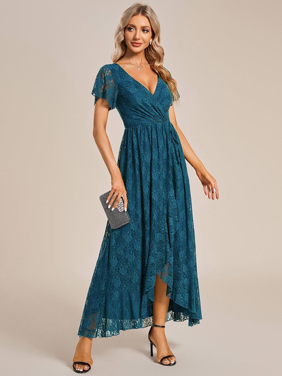 V-Neck Short Sleeve Pleated Ruffled Lace Wedding Guest Dress #Color_Teal