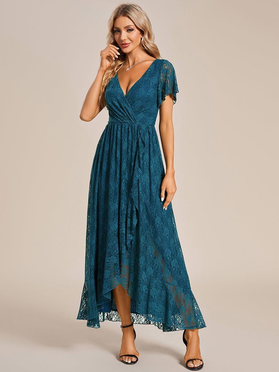 V-Neck Short Sleeve Pleated Ruffled Lace Wedding Guest Dress #Color_Teal