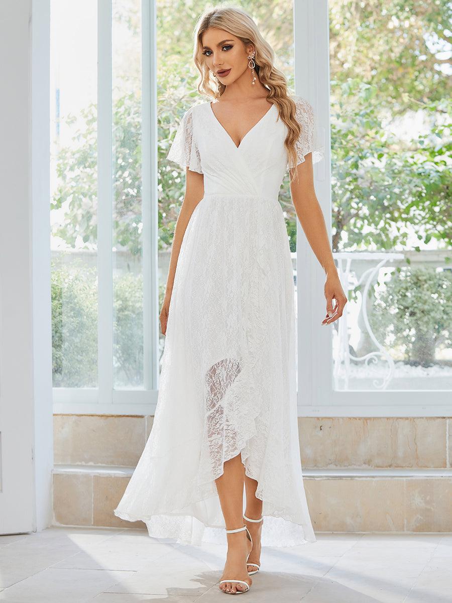 V-Neck Short Sleeve Pleated Ruffled Lace Wedding Guest Dress #Color_White