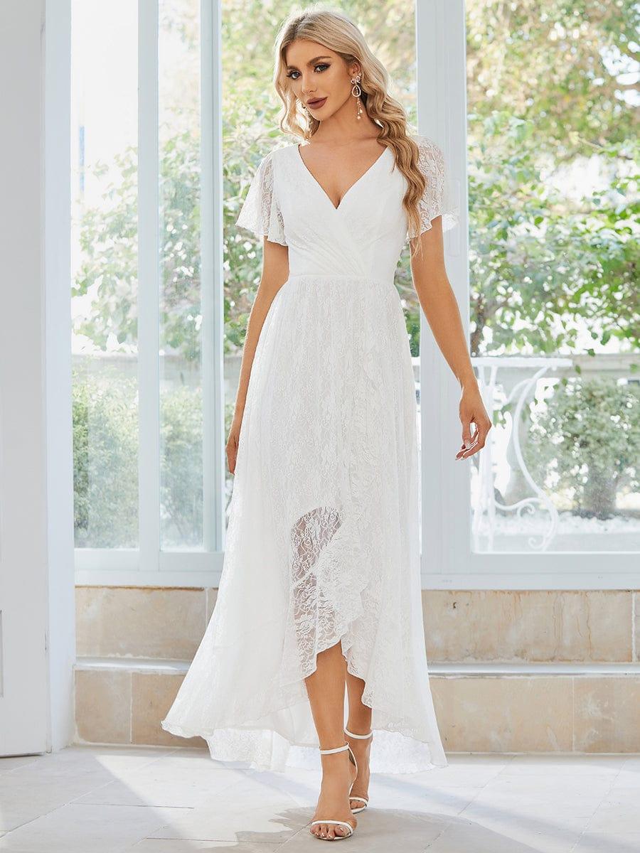 V-Neck Short Sleeve Pleated Ruffled Lace Wedding Dress for Elegant