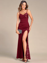 Sequin Spaghetti Strap Bodycon Front Slit Evening Dress #Color_Burgundy