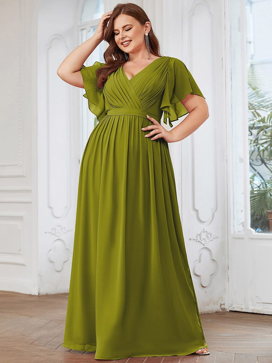 V-Neck Flutter Sleeve Floor-Length A-Line Chiffon Evening Dress #color_Citron
