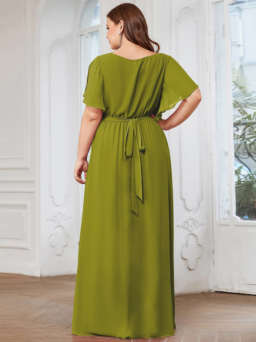V-Neck Flutter Sleeve Floor-Length A-Line Chiffon Evening Dress #color_Citron