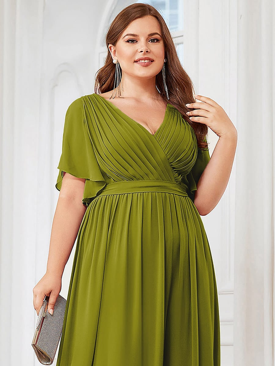 V-Neck Flutter Sleeve Floor-Length A-Line Chiffon Evening Dress #color_Citron