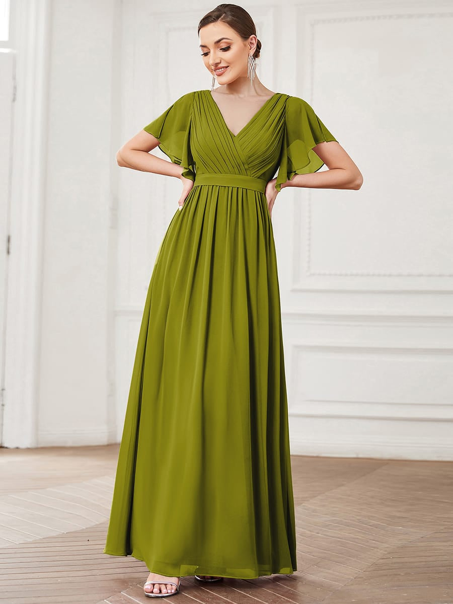 V-Neck Flutter Sleeve Floor-Length A-Line Chiffon Bridesmaid Dress #color_Citron