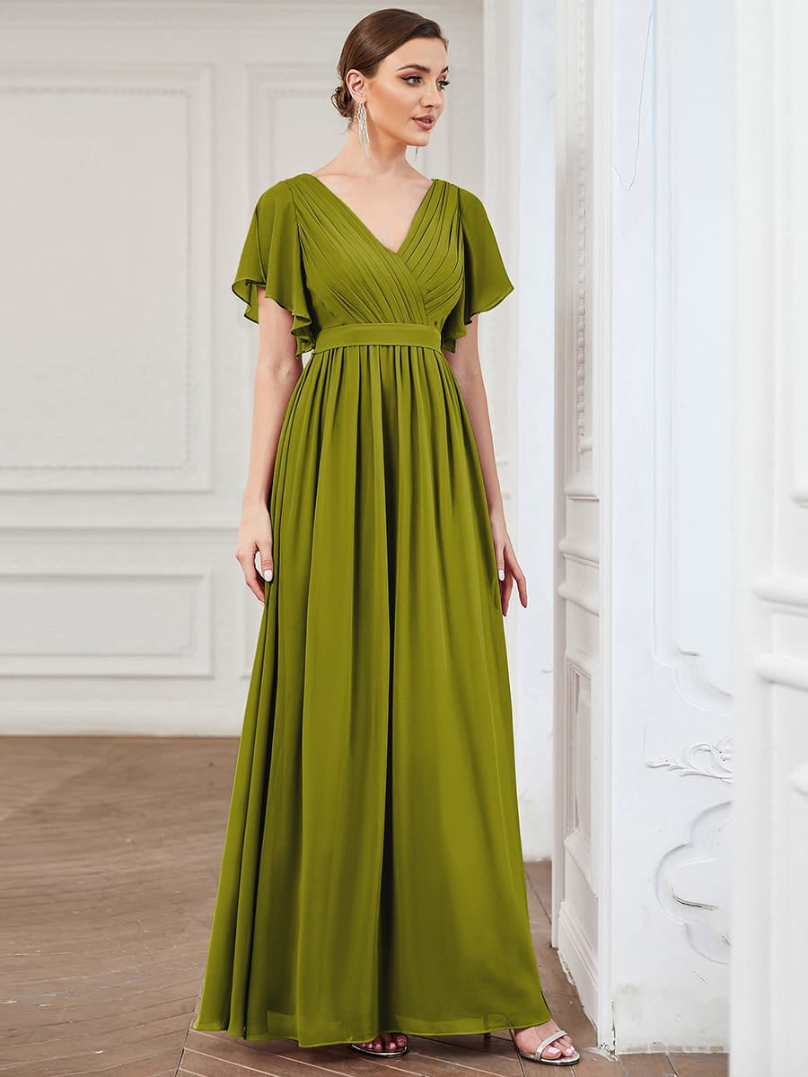 V-Neck Flutter Sleeve Floor-Length A-Line Chiffon Bridesmaid Dress #color_Citron