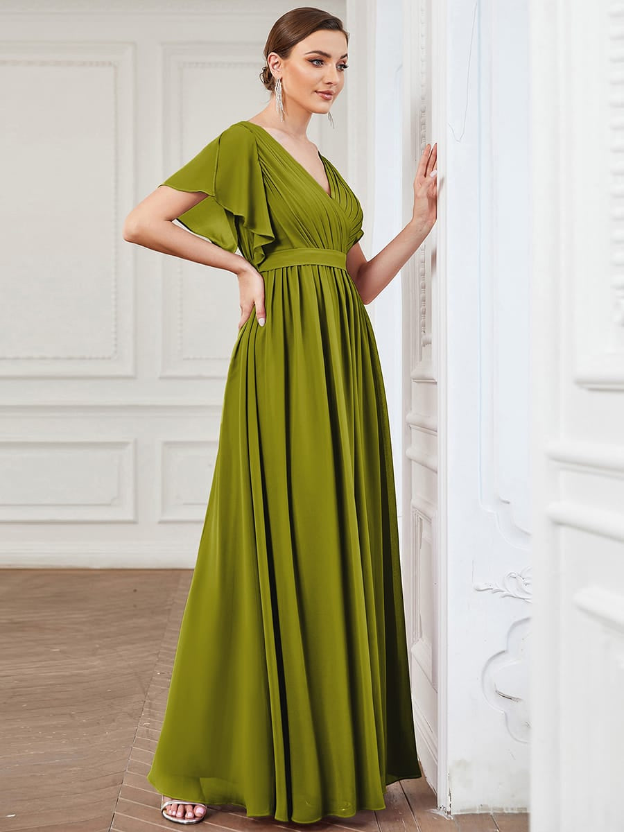 V-Neck Flutter Sleeve Floor-Length A-Line Chiffon Bridesmaid Dress #color_Citron