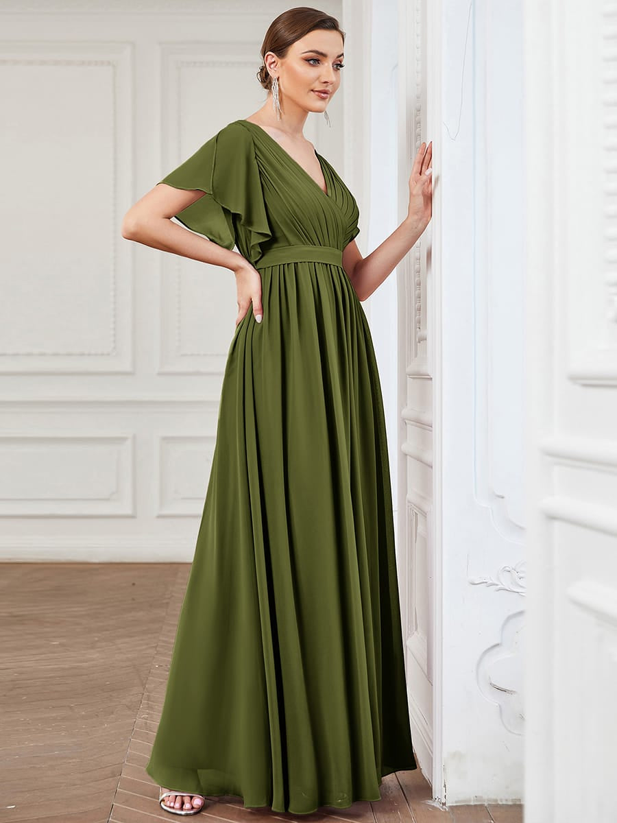 A-Line Pleated Chiffon Tie-Waist Bridesmaid Dress #color_Olive Green